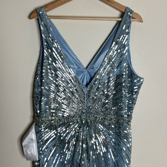 Mac Duggal POWDER BLUE SEQUIN V-NECK DRESS gown sparkles size 16 - Picture 9 of 14
